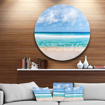 Tranquil Beach under White Clouds - Sea & Shore Circle Metal Wall Decor